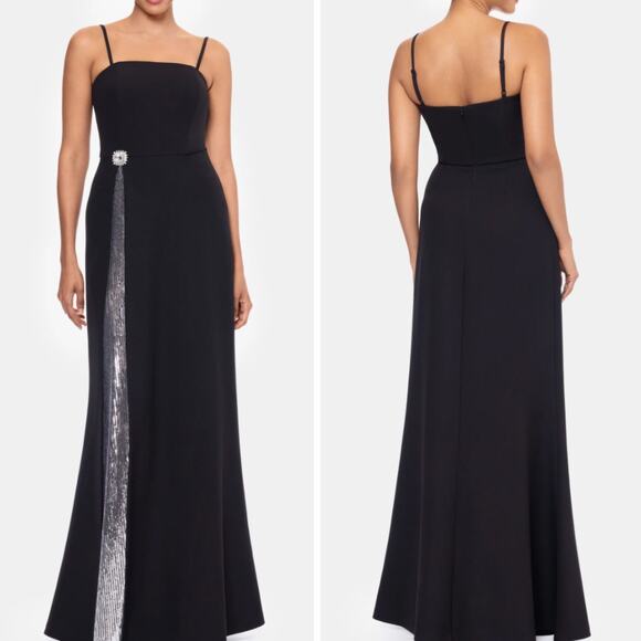 BETSY & ADAM Sequin Trim Black Square Neck Sleeveless Gown Size 8 - Picture 1 of 9